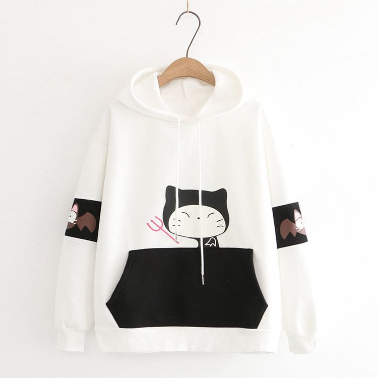 Cat Print Fashion Contrast Sleeve Sweatershirt - Modakawa Modakawa