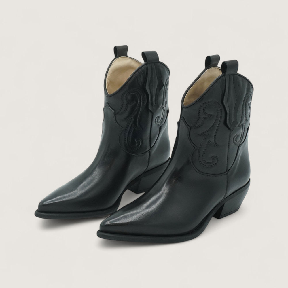 Black Pointed Toe Chunky Heel Embroidered Cowgirl Ankle Boots for Women Nicepairs