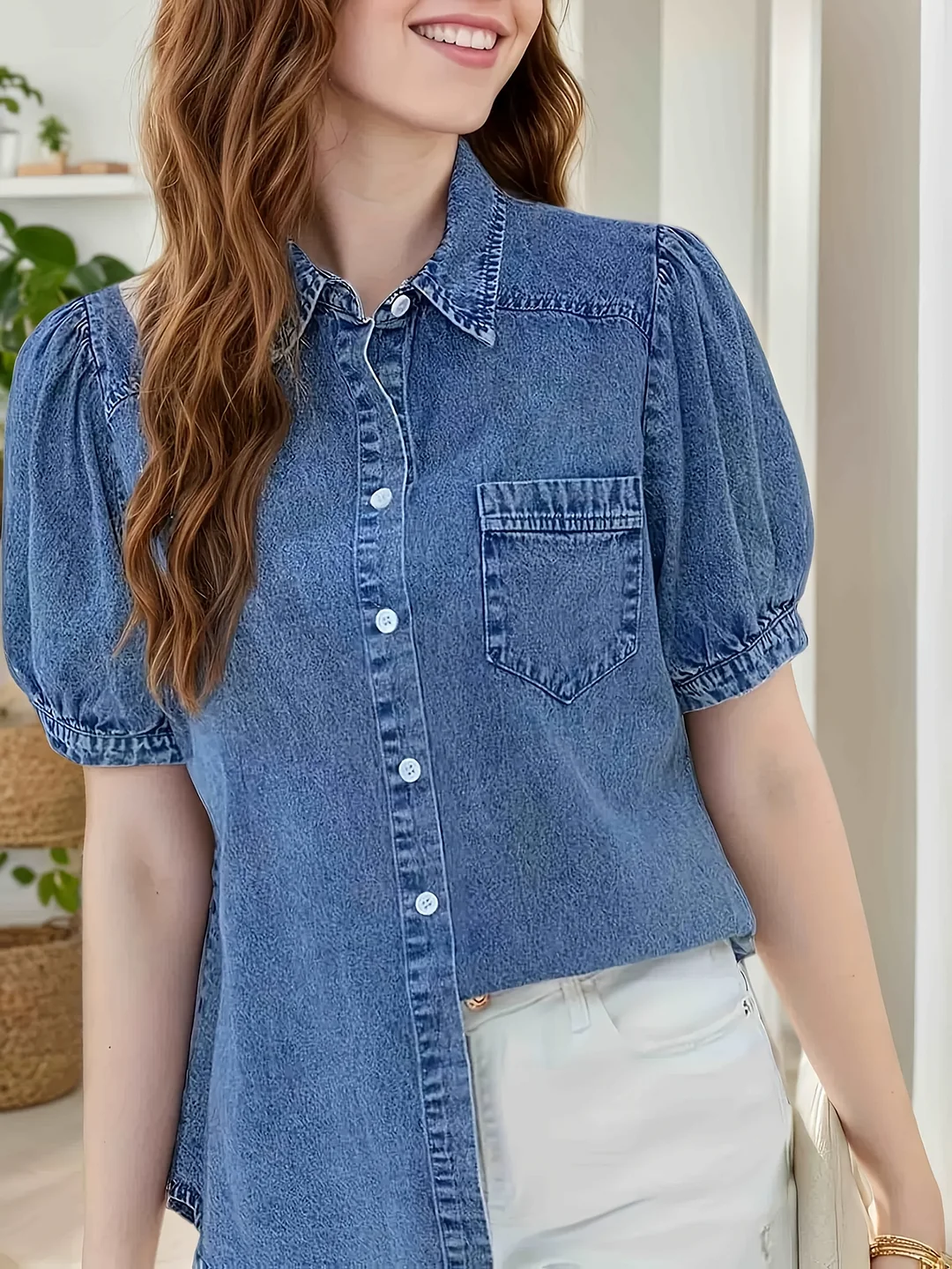 2025 New Women's Lightweight Denim Shirt With Bubble Sleeves And Collar - Business Casual Short Sleeve Shirt, Machine Washable Regular Fit Top For Spring/Summer Office And Leisure Outdoor, Denim Shirt, Summer Shirt, Exquisite Styling, Elegant Texture | IFYHOME