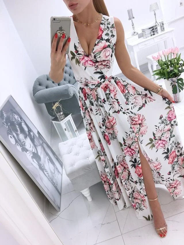 V-Neck Floral Print High Slit Dress