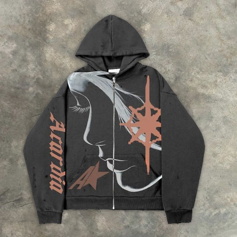 Statement street style zip-up long-sleeve hoodie