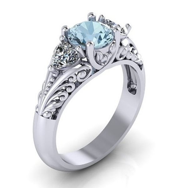 UsmallLifes King Women Trendy Antique Style Round Cut Blue Crystal Jewelry Flower Hollowed Out Engagement Ring Size 5-11 US Mall Lifes