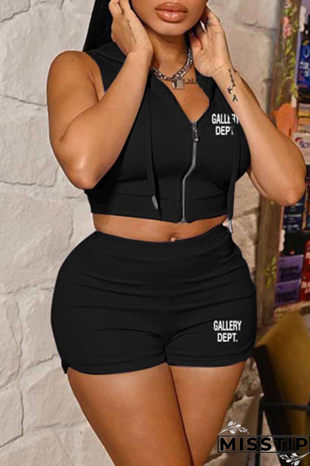 Yellow Casual Print Letter Hooded Collar Sleeveless Two Pieces