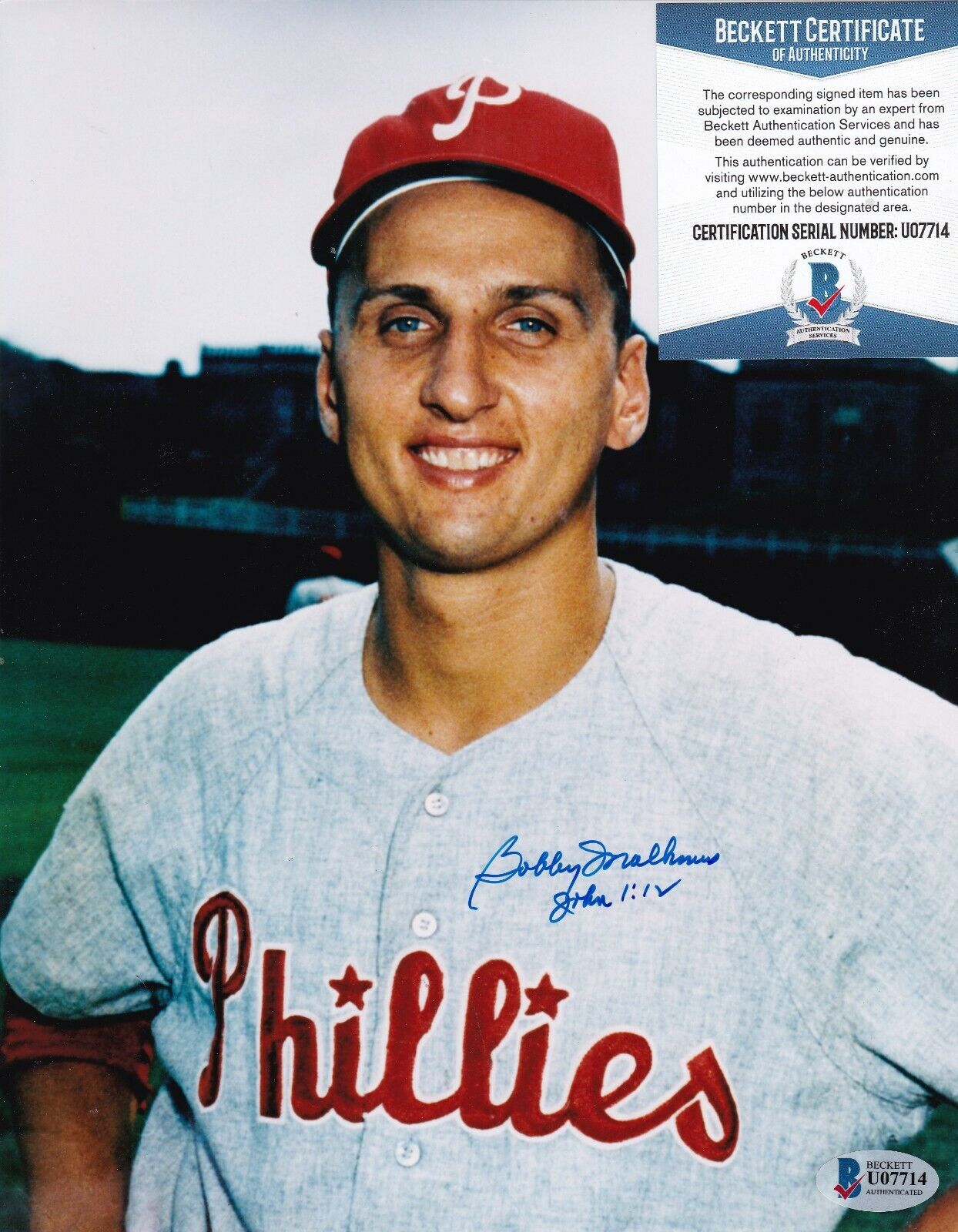 BOBBY MALKMUS PHILADELPHIA PHILLIES BECKETT AUTHENTICATED ACTION SIGNED 8x10