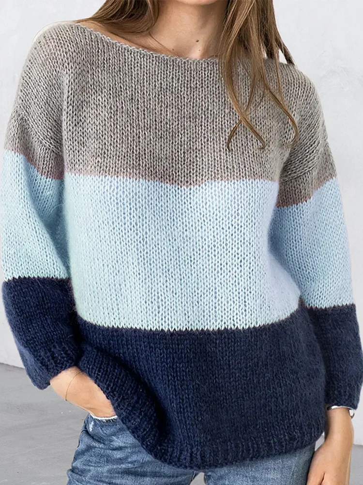 Women's Fall Winter Sweater Loose Color Block Striped Crew Neck Knit Pullover Sweater