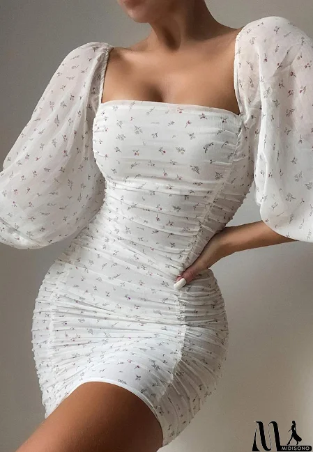 MidiSono - Casual White Floral Long Sleeve Dress