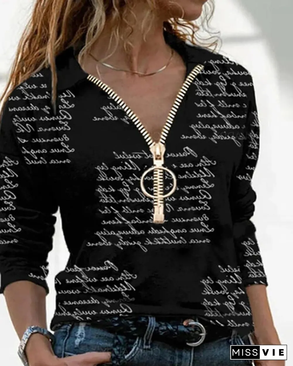 Fashion Womens Neck Long Sleeve Tops Ladies Casual Shirts Zipper Letter Print Blouse Plus
