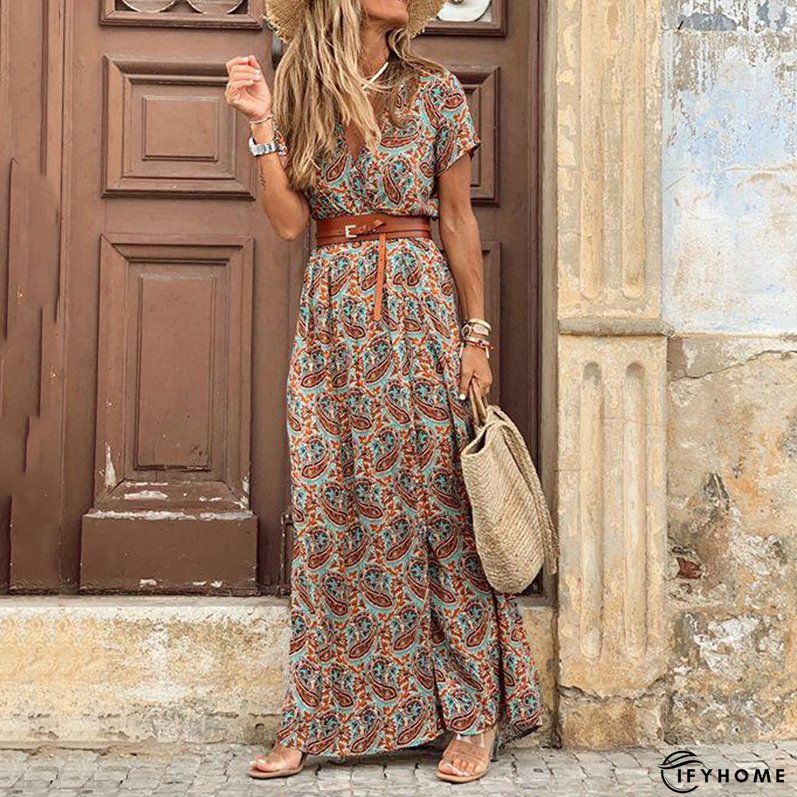 Boho Floral Print V Neck Short Sleeve Maxi Party Dress | IFYHOME