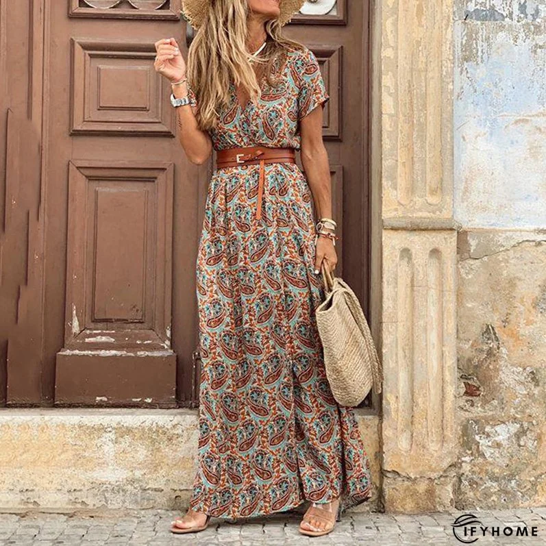 Boho Floral Print V Neck Short Sleeve Maxi Party Dress | IFYHOME