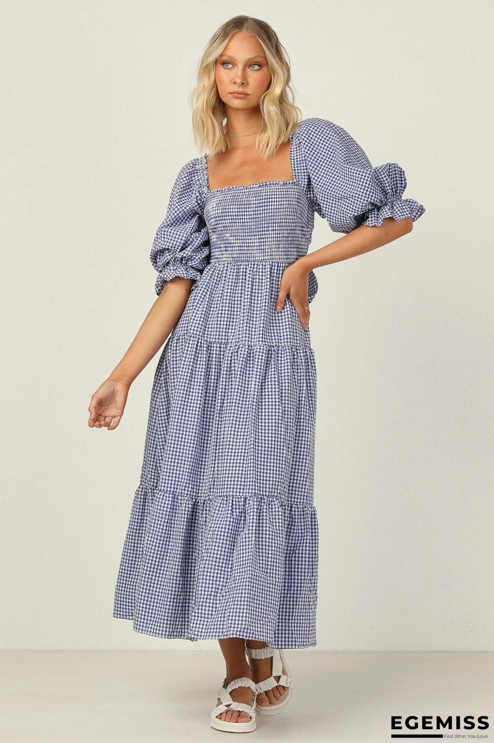 Elastic Square Collar Check Bubble Sleeve Dress | EGEMISS