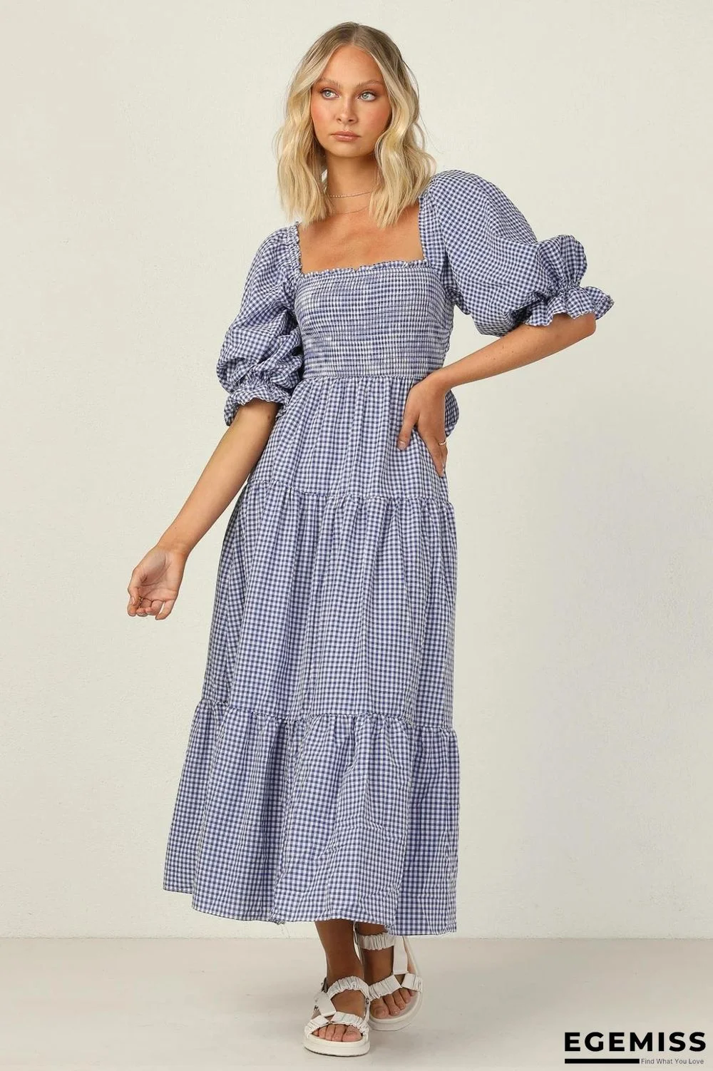 Elastic Square Collar Check Bubble Sleeve Dress | EGEMISS
