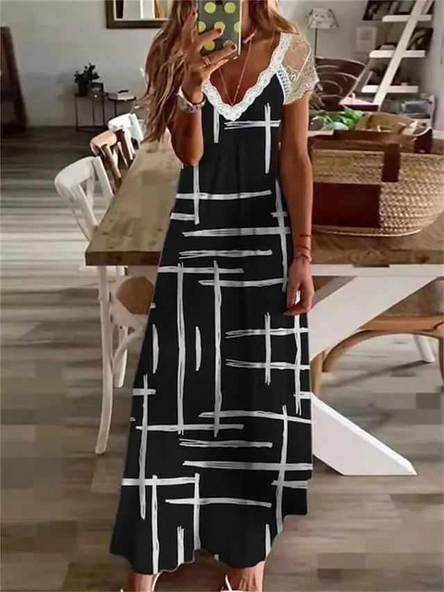 Women's Long Dress Maxi Dress Casual Dress Swing Dress Print Dress Print Casual Outdoor Daily Weekend Lace Patchwork Short Sleeve V Neck Dress Loose Fit Black White Red Spring Summer S M L XL XXL | IFYHOME
