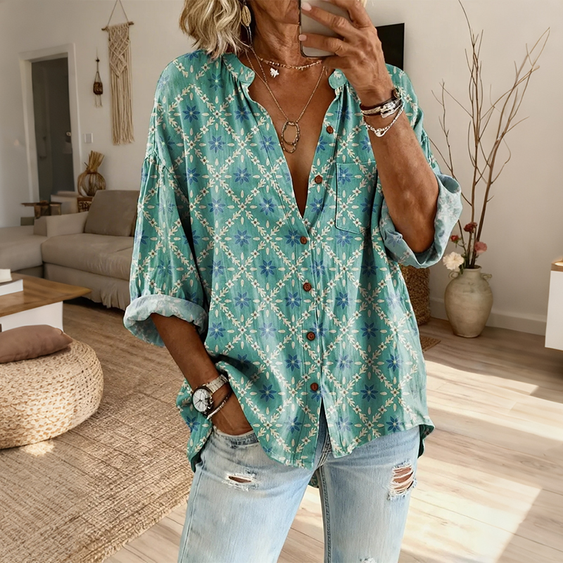 Comstylish Women's Retro Plaid Art Print Casual Stand Collar Cotton Linen Shirt