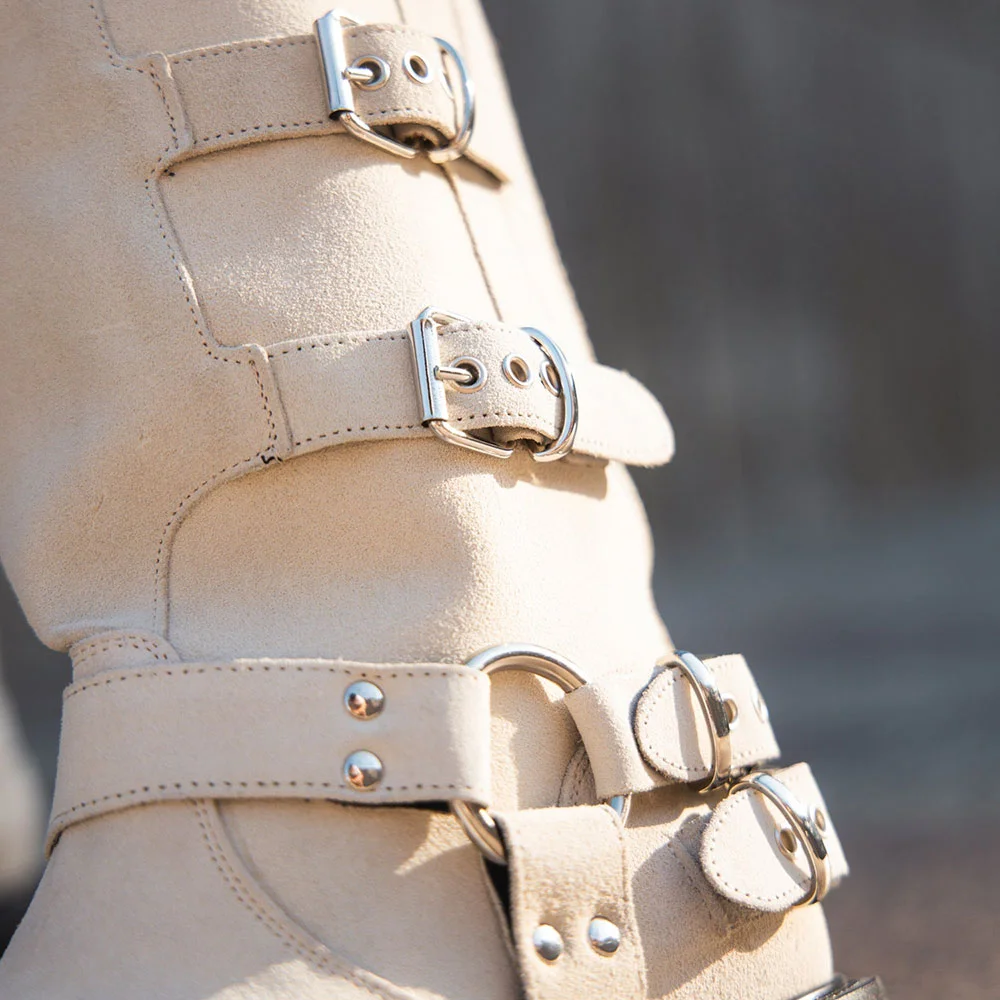 Buckle Strap Motorcycle Shoes Chunky Heel Mid-Calf Boots in White