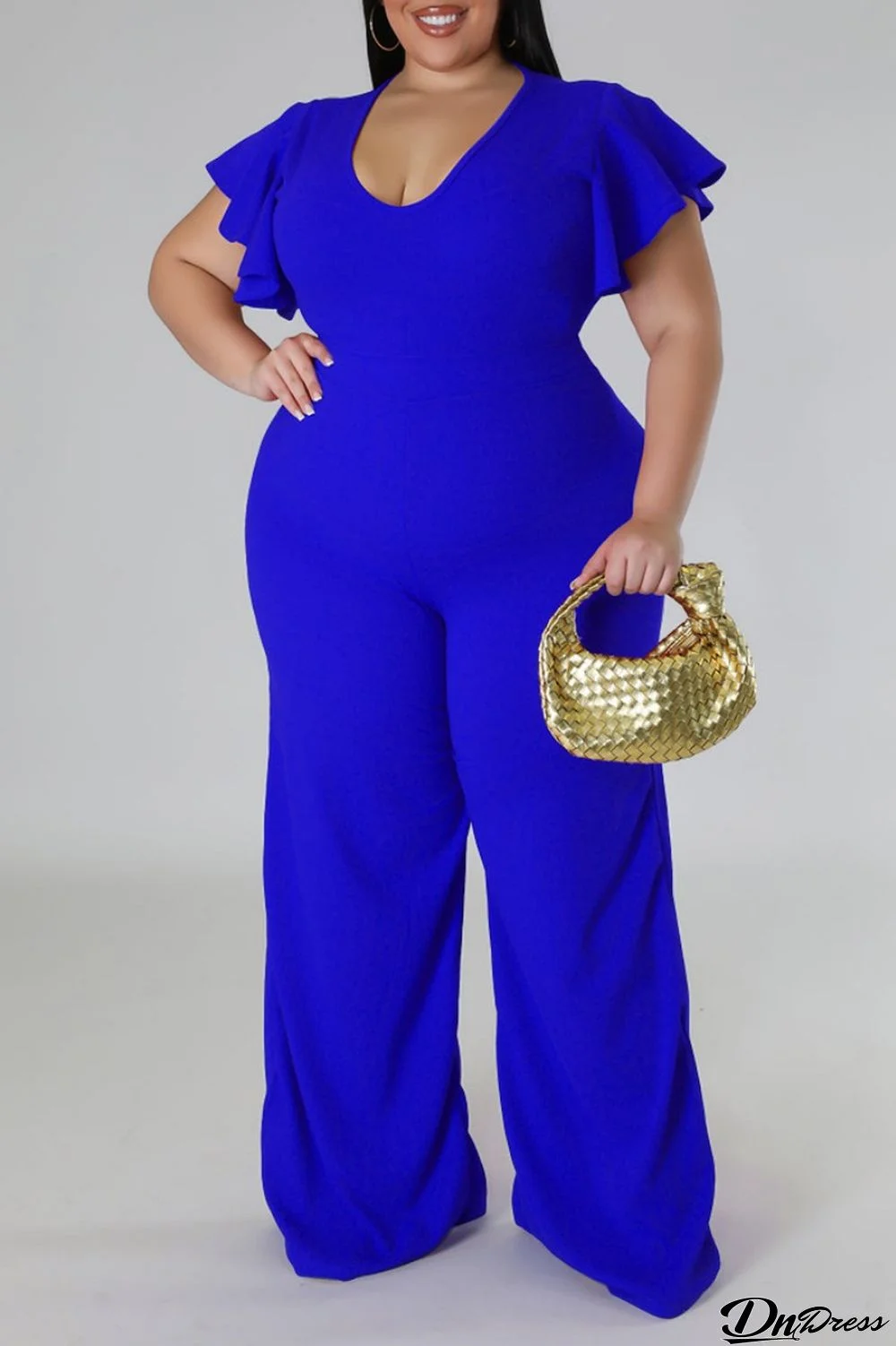 Blue Casual Solid Basic V Neck Plus Size Jumpsuits