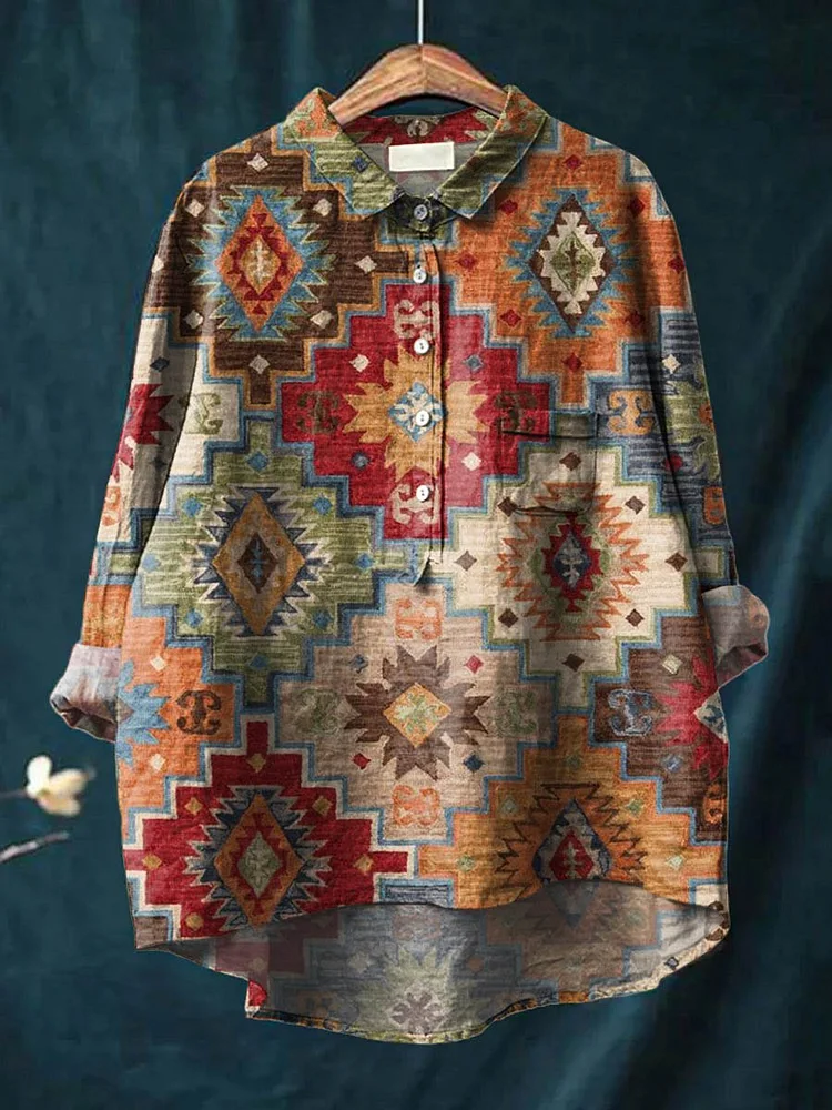 Women's Vintage Ethnic Pattern Art Print Casual Cotton And Linen Shirt