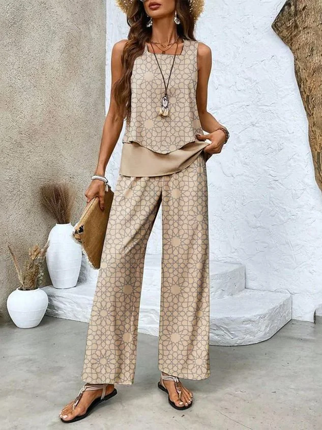 Women Floral Crew Neck Sleeveless Comfy Casual Two-Piece Set