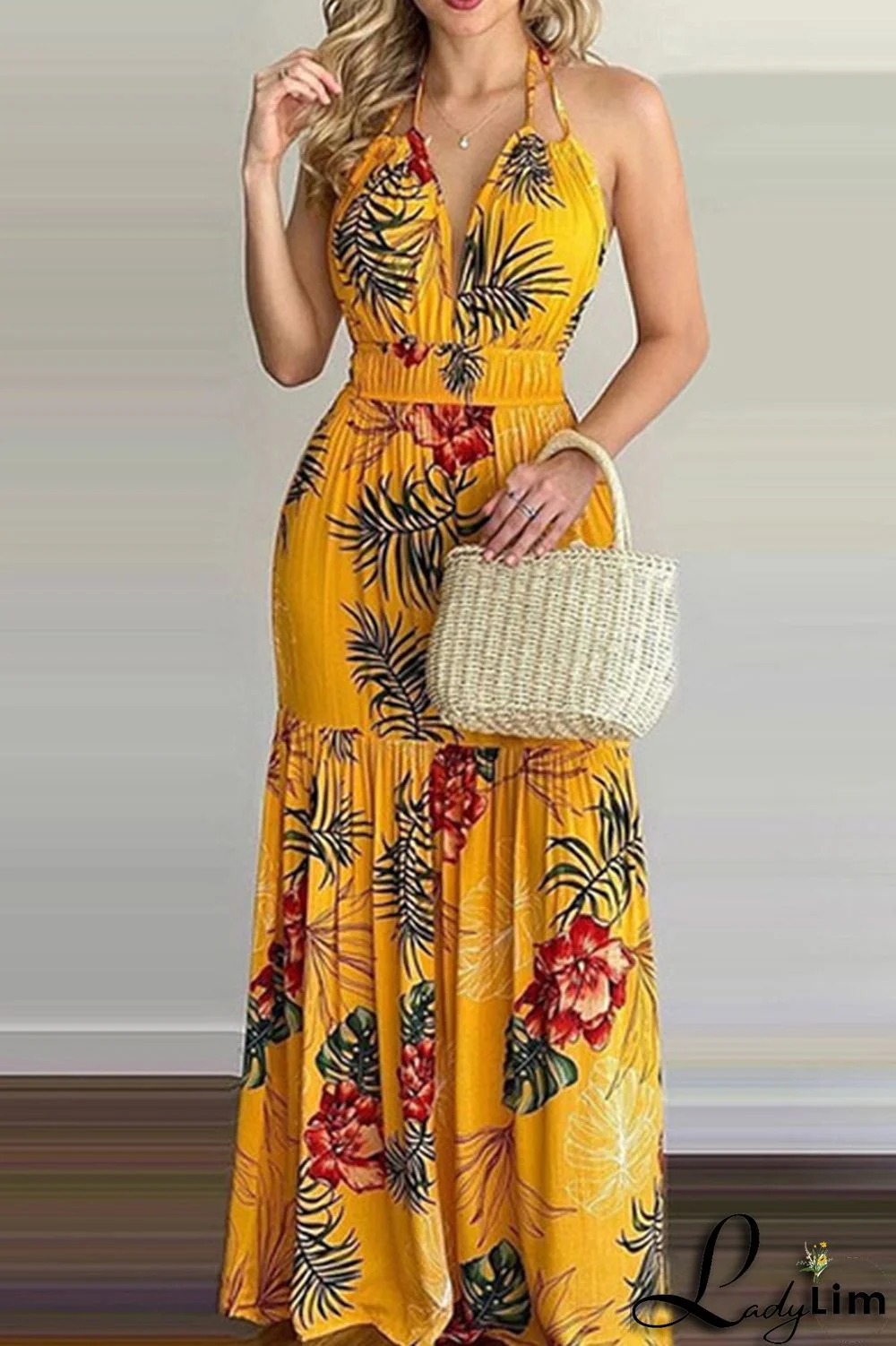 Yellow Sexy Print Split Joint Backless Halter Straight Dresses