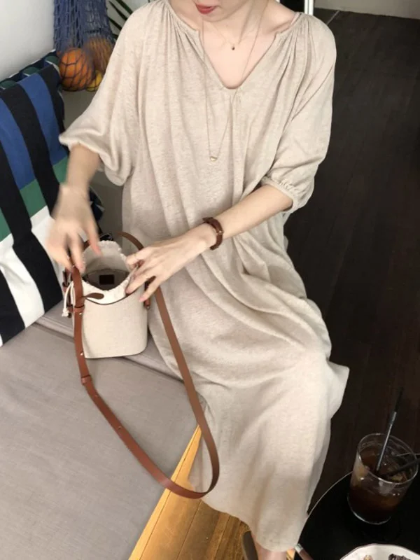 Vintage H-Line Puff Sleeves Loose Midi Dress