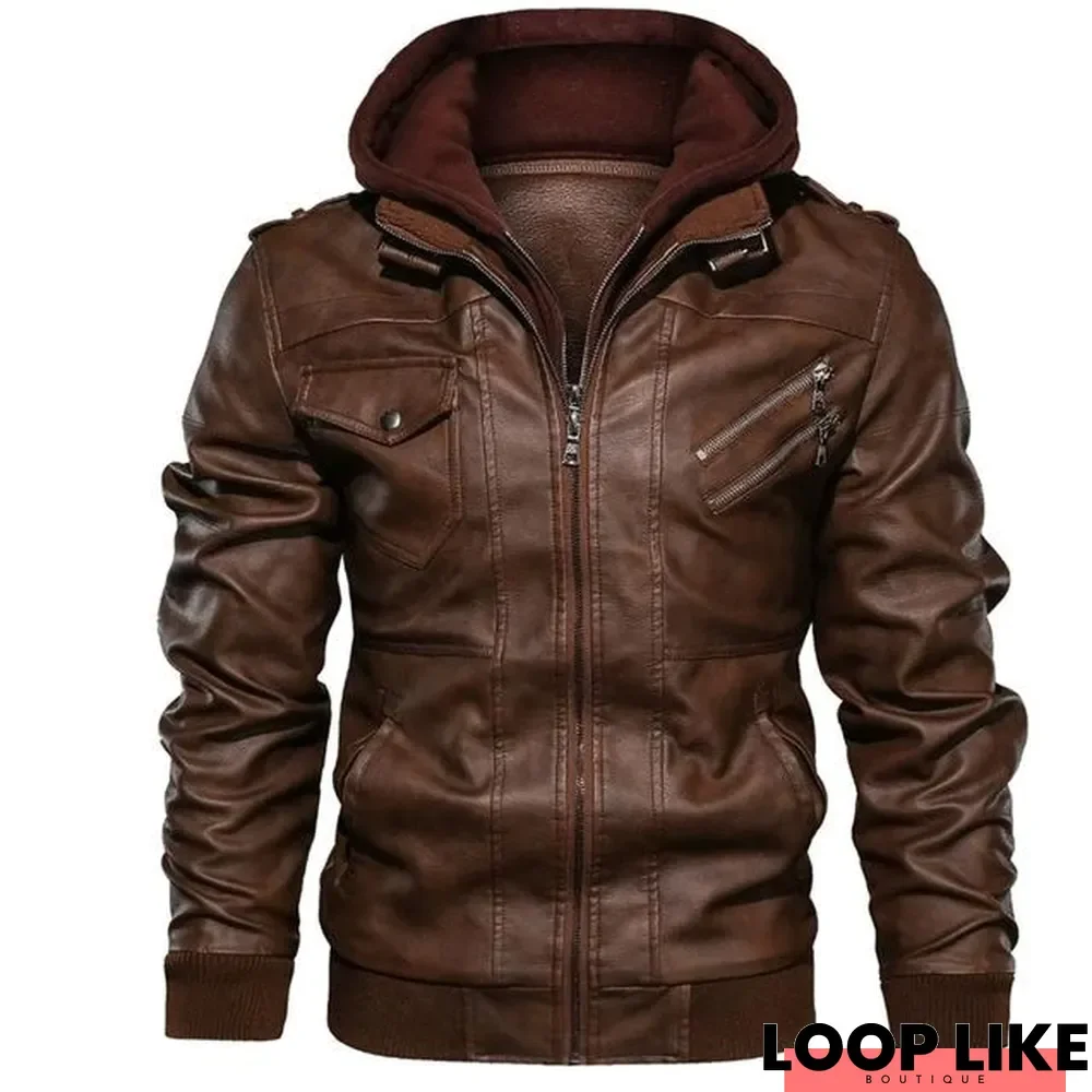 Men's Leather Jackets New Casual Motorcycle Removable Hood Winter Pu Zipper Jacket Leather Coats