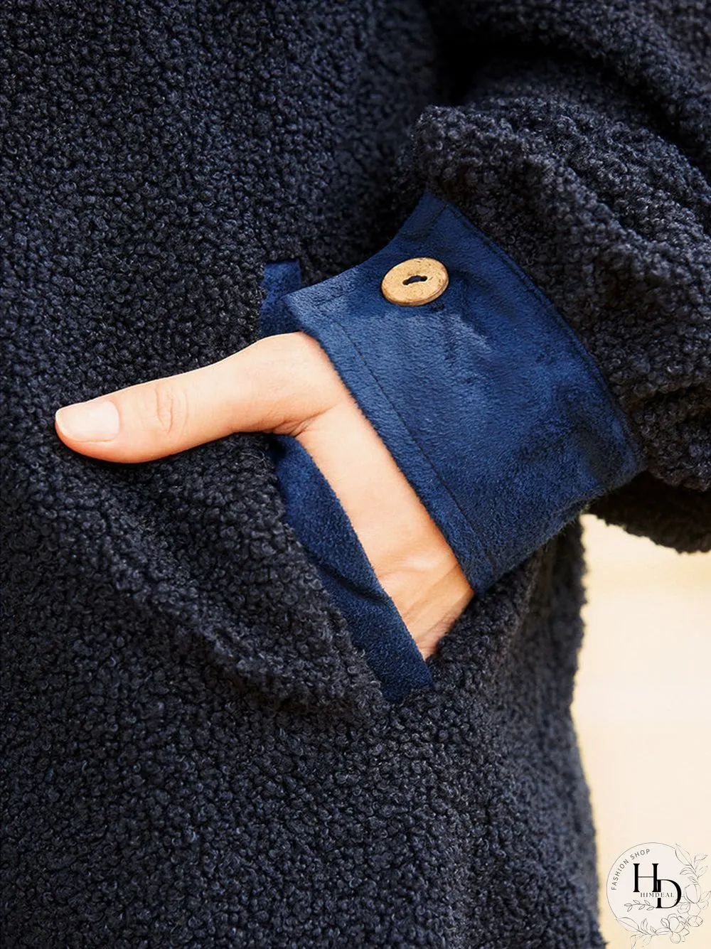 Fleece Patchwork Solid Color Hooded Long Sleeve Coat