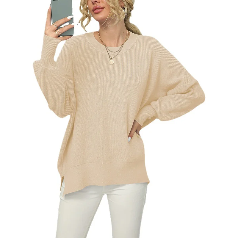 Wongn Wongn And Winter New Women's Sheep Ece Long Sleeve Round Collar Irregular Knit Pullover Sweater