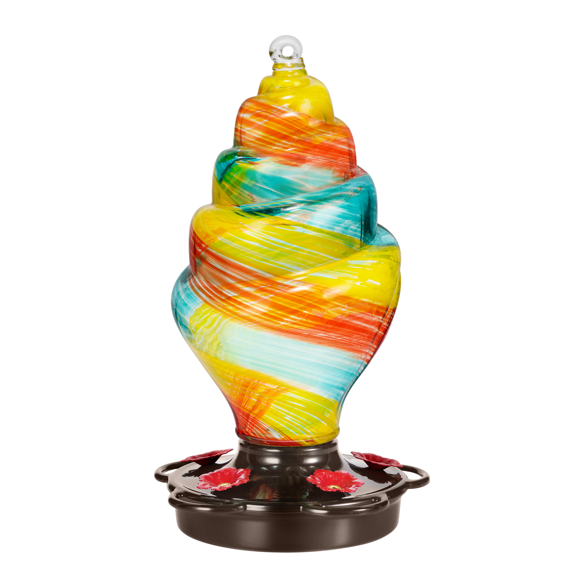 LUJOIN Spiral Shaped Hummingbird Feeder for Outdoors, Hand Blown Glass with 25 fl.oz, Leak Proof & Rustproof, Includes an Ant Moat, Metal Cover with 5 Feeding Ports, Ribbon