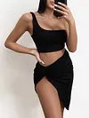 Solid Color One Shoulder Two Piece Skirt Suits