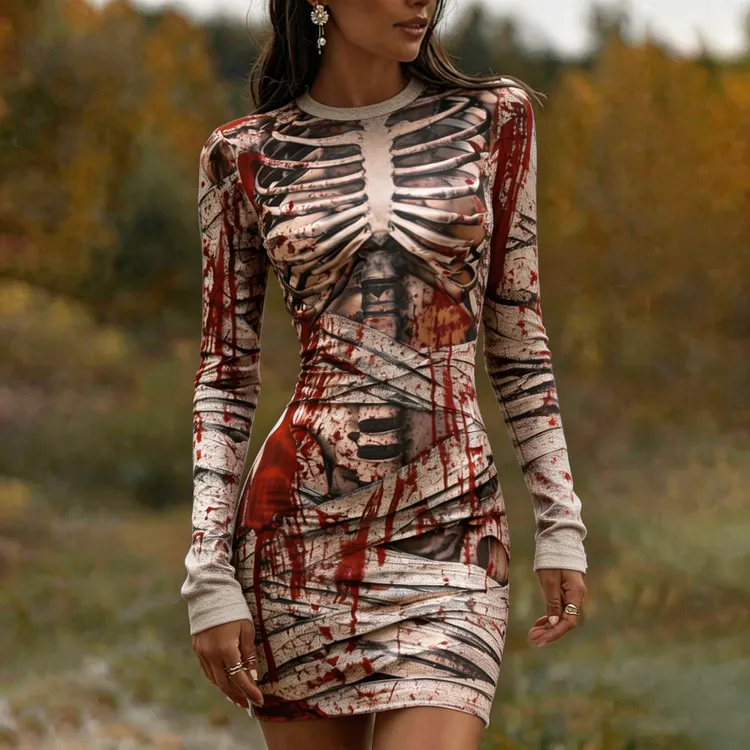 Women's Halloween Skull Mummy Long-sleeved Bloodstained Print V-neck Gothic Horror Party Dress