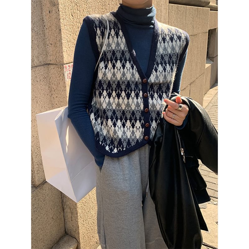 Vests Women Knitted Argyle Vintage Single Breasted V-neck College Casual Students Loose Lazy Ulzzang Sweaters Chic Fashion New