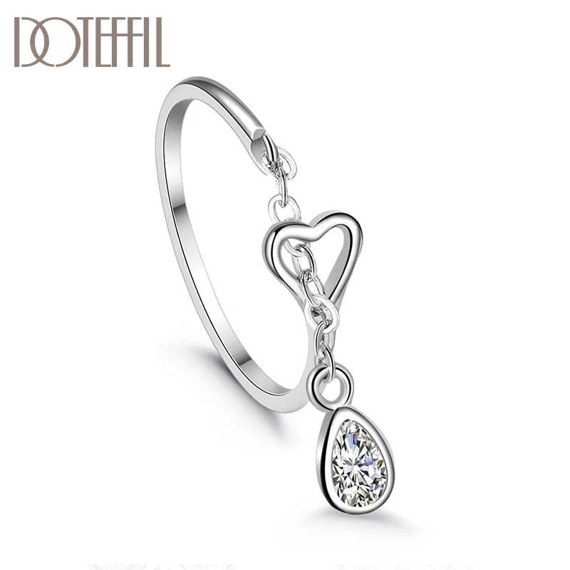 DOTEFFIL 925 Sterling Silver Heart AAA Zircon Adjustable Ring For Women Jewelry