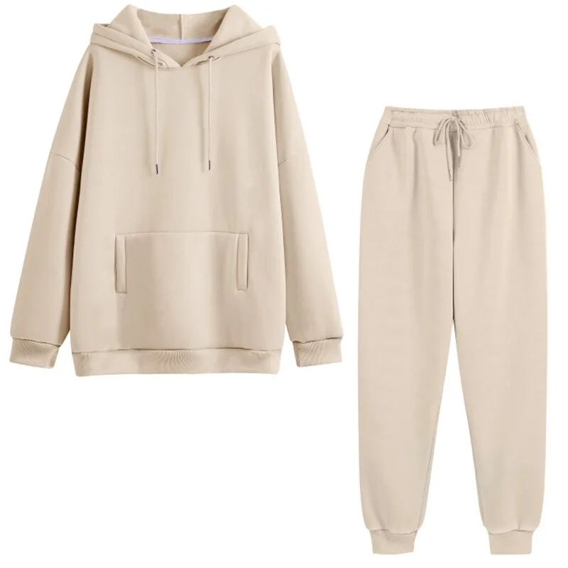 Autumn Winter Tracksuit Women Two Piece Set Fleece Oversized Sweatshirt and Long Pants Casual Solid Hooded Sport Suit Set Outfit