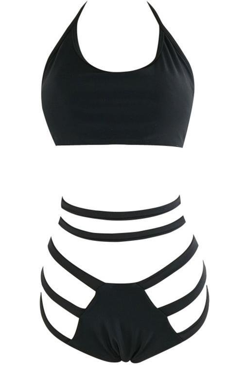 Black Halter Strappy Cutout High Waisted Sexy Two Piece Swimsuit-elleschic