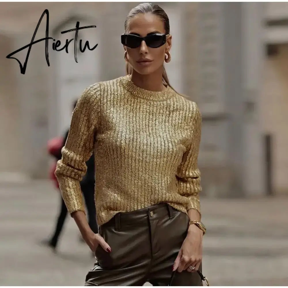Gold Color O Neck Sweaters Women Fashion Long Sleeve Bright Silk Knit Pullover Female Autumn Elegant Office Ladies Loose Jumpers Aiertu