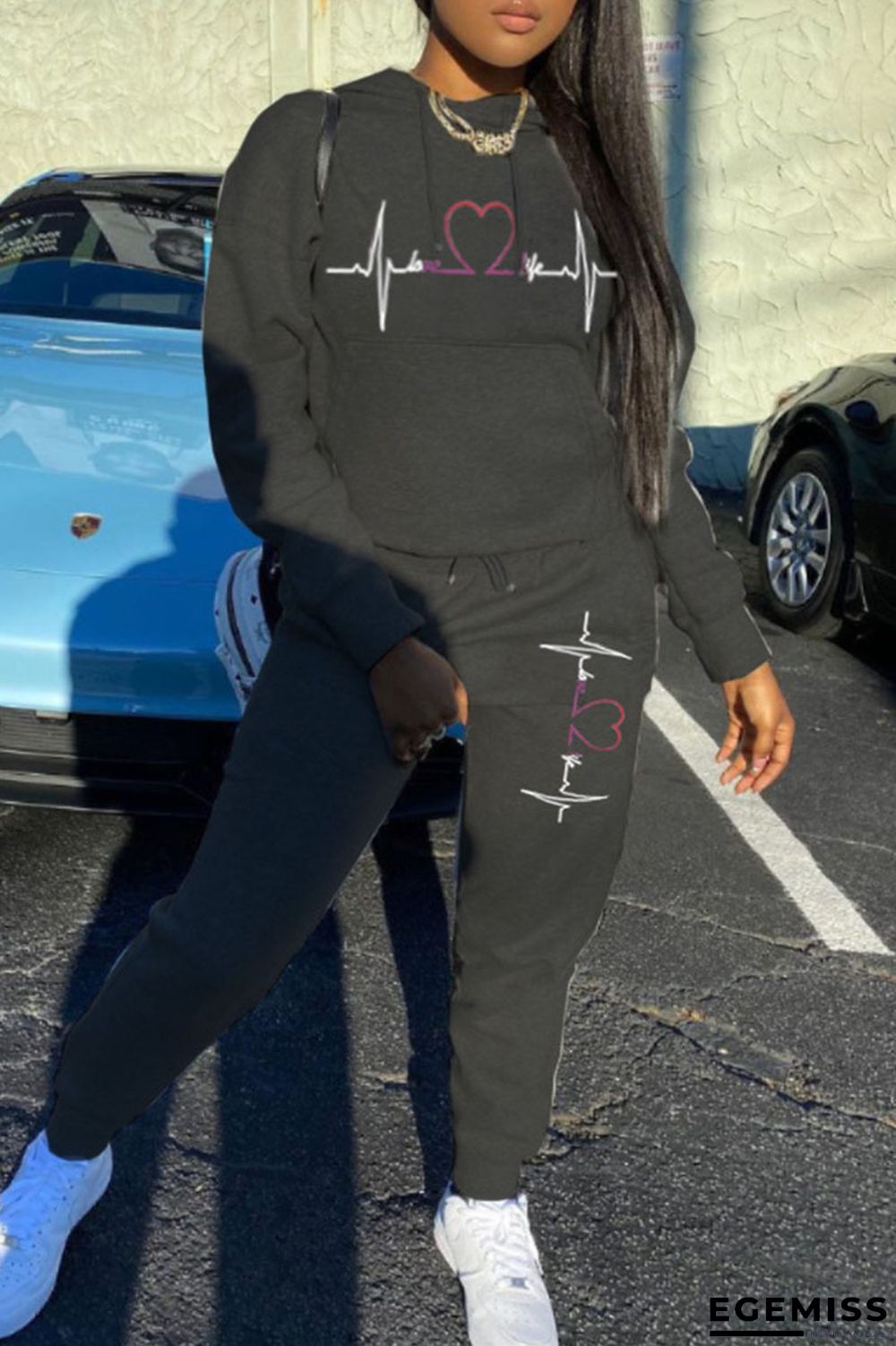 Black Casual Print Patchwork O Neck Long Sleeve Two Pieces | EGEMISS