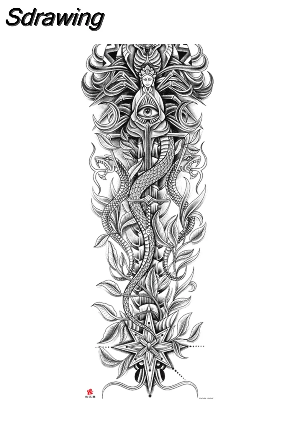 Sdrawing Arm Temporary Tattoo Wolf Lion Fish Horns Geometric Man Body Leg Rose Flower Phoenix Waterproof Sticker Cool Women Tatoo 715-0