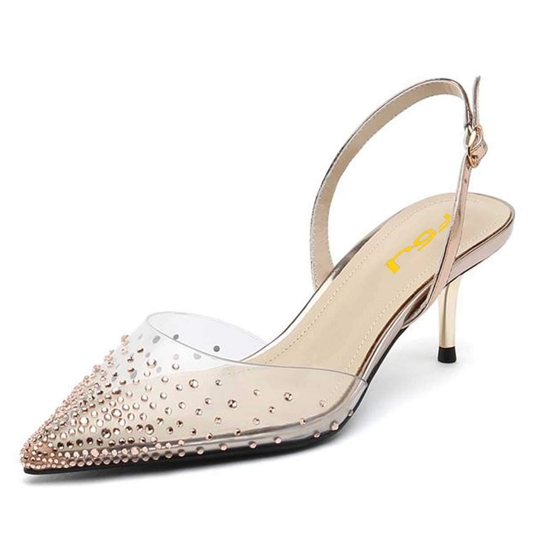 Women Crystal Studded Clear Pumps Sparkle Rhinestones Mid Low Heel Sandals Slingback  Nicepairs