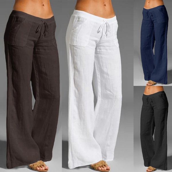 Women Casual Loose Long Pants Wide Leg Elastic Waist Cotton Linen Flared Yoga Trousers Plus Size Palazzo - BlackFridayBuys
