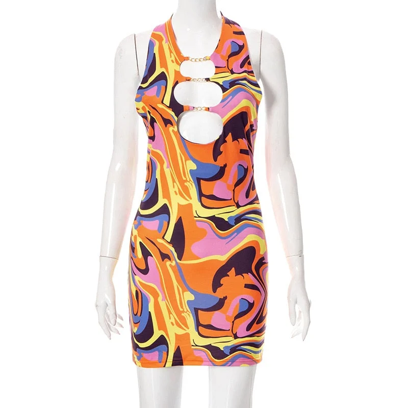 Sexy Print Halter Neck Cut Out Bodycon Mini Dress Women Half Sleeve Backless Stretchy Dresses 2022 Summer Harajuku Y2K Clothes