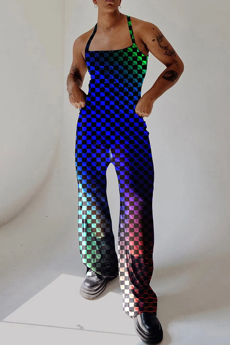 Ciciful Rainbow Plaid Print See-Through Mesh Sleeveless Jumpsuit
