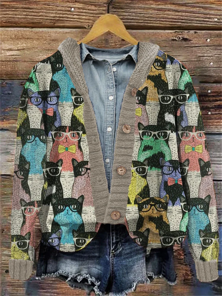 Colorful Cute Cats Embroidered Hooded Cardigan