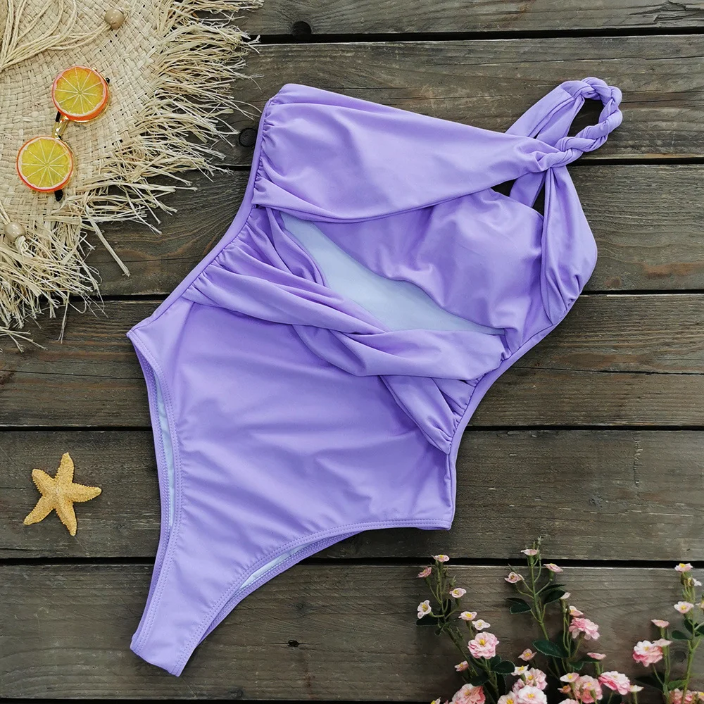 Churchf Solid Color Cross-Shoulder Hollow One-Piece Swimsuit Women 2025 New High-Waisted Integrated Export Swimsuit