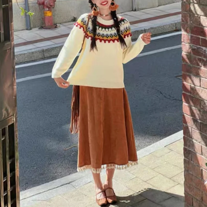 Churchf Churchf National Style Jacquard Small Red Sweater Design Sense Contrast Color Thick Sweater Autumn Winter New Foreign Style Jacket