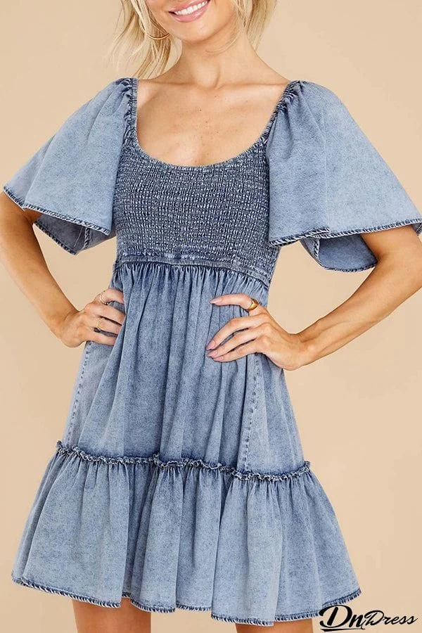 Hello Cutie Pie Denim Smocked Puff Sleeve Mini Dress