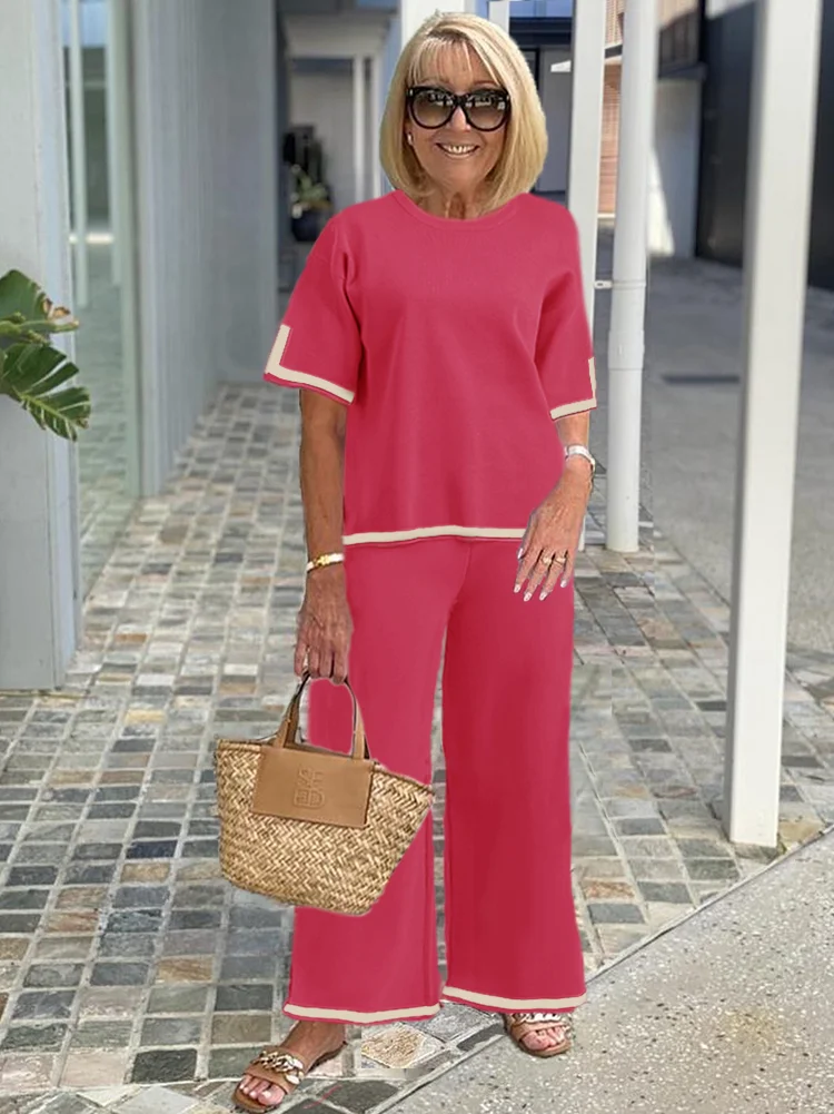 Elegant Contrast Color Split Short-Sleeved Sweater Trousers Two-Piece Set VangoghDress