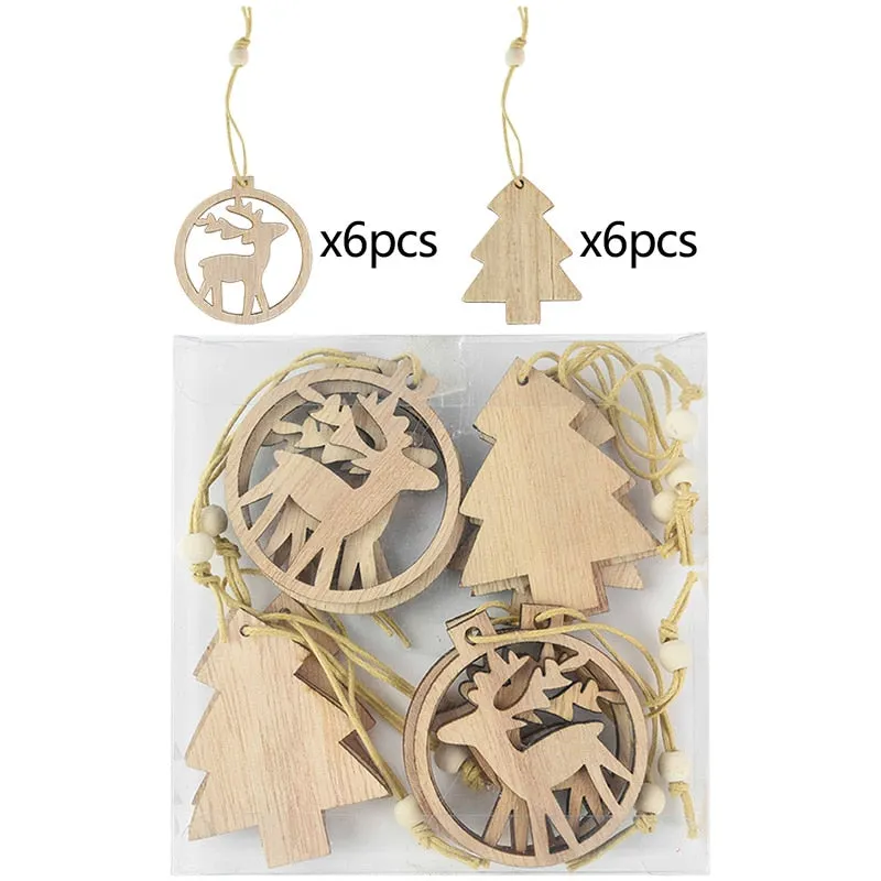12pcs/box Christmas Wooden Pendants Xmas Tree Hanging Ornaments DIY Wood Crafts For Home Christmas Party New Year Decorations