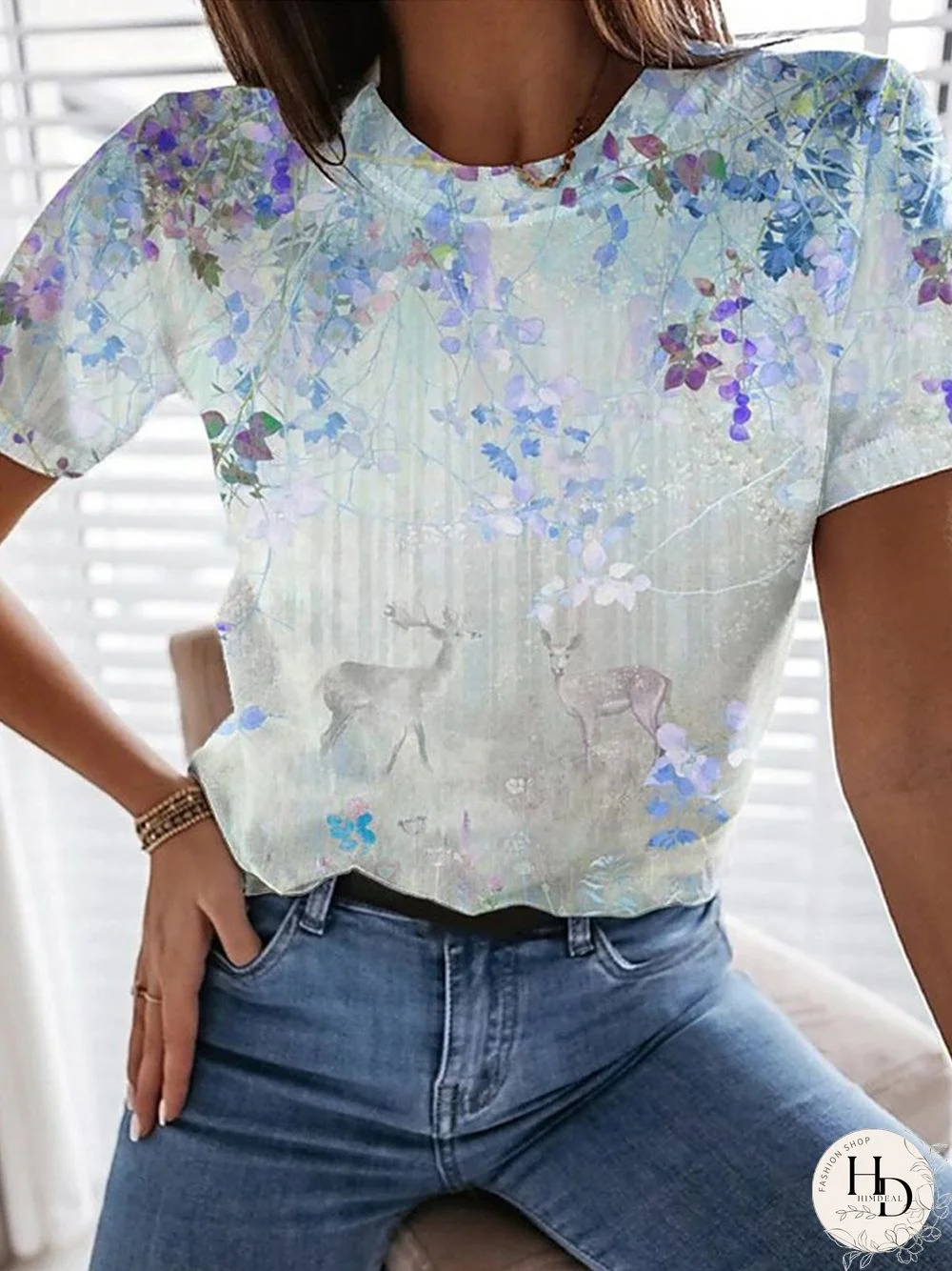 Cotton Casual Floral Crew Neck T-shirt