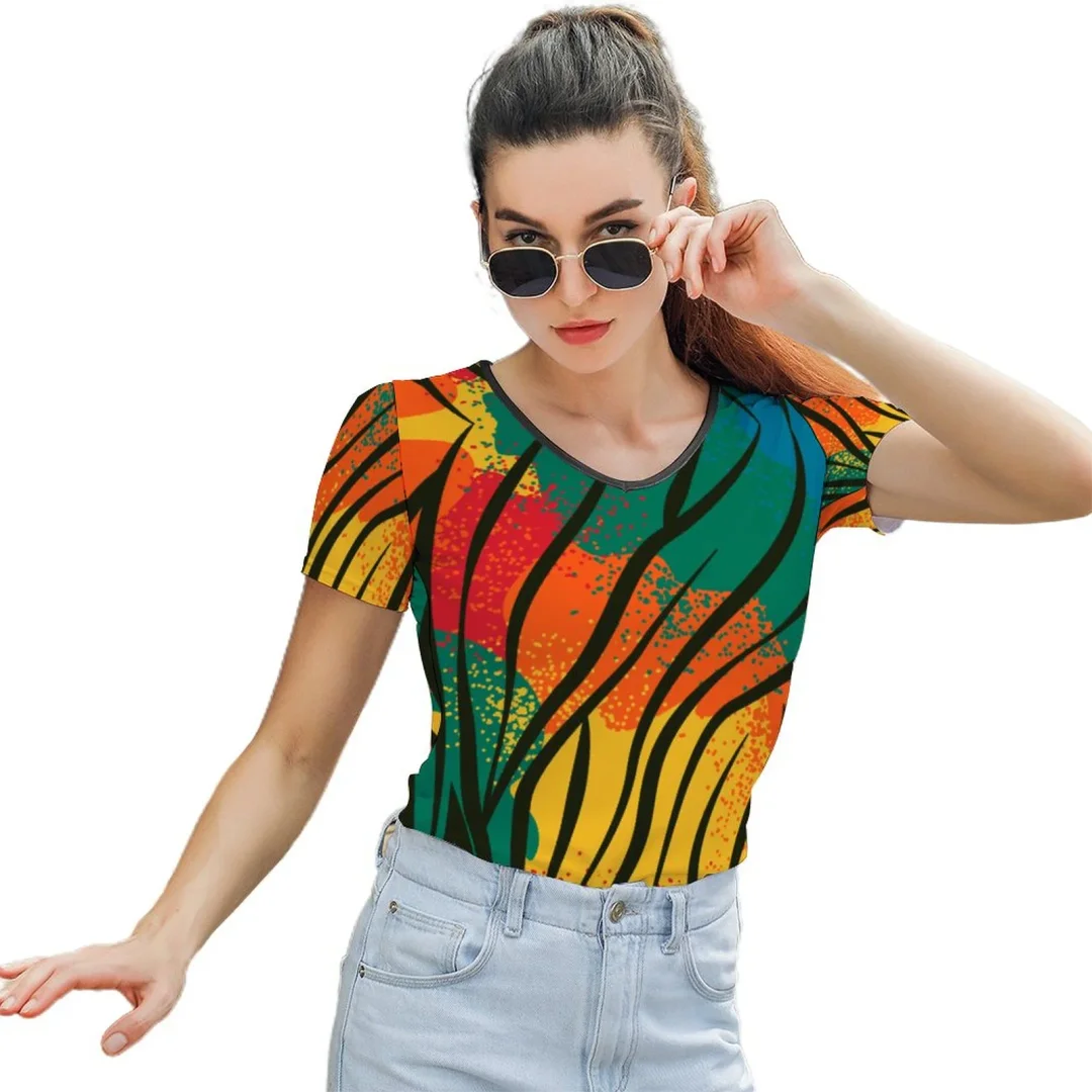 African Zebra Women's  Summer Short Sleeve V Neck T-Shirts Basic Tee Tops