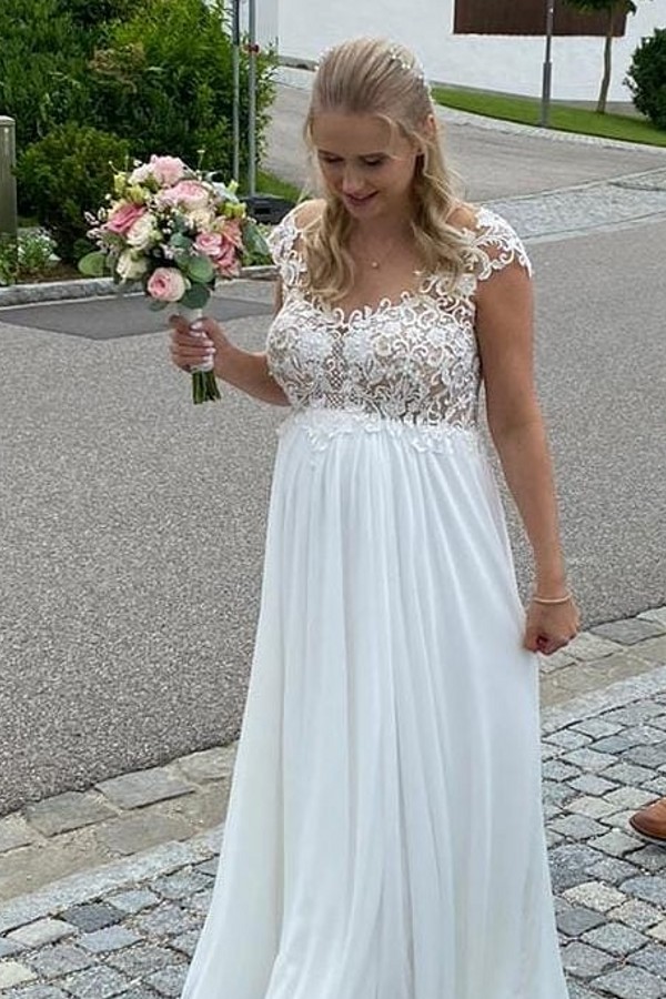 Ovlias Long Straps A-line Chiffon Sleeveless Wedding Dress with Appliques Lace WD0019