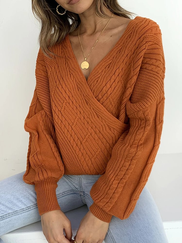 Solid Color V-neck Long Sleeve Sweater